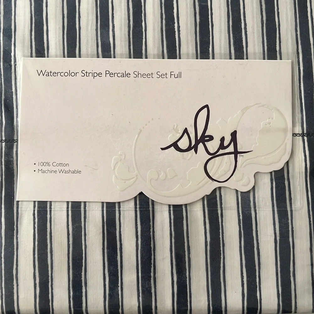 Sky Watercolor Stripe Percale Full Sheet Set, Navy White New w/Tag $175